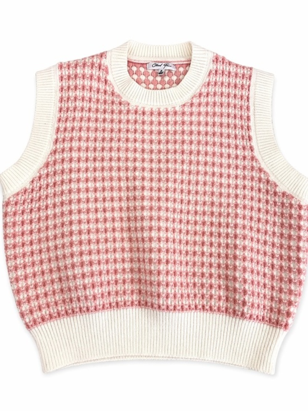 Cloud Ten Medium Houndstooth Knit Sweater Vest pink & cream